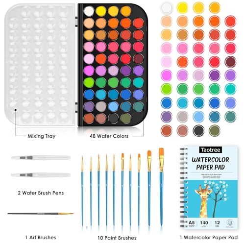 Taotree 48 Watercolor Paint Set with 10 Paint Brushes and Watercolor Book | Watercolor Workbook, Watercolor paper, Water Coloring Book with Palette, Drawing Pad, Painting Art Supplies for Adults Artist - color: 63 Multicolor