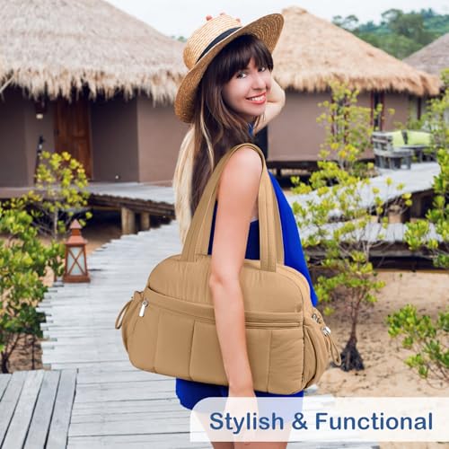 TOPDesign Travel Duffel Bag for Women, Puffer Gym Bag Sports Tote with Wet Pocket, Carry On Weekender with Luggage Sleeve (Khaki) - color: Khaki