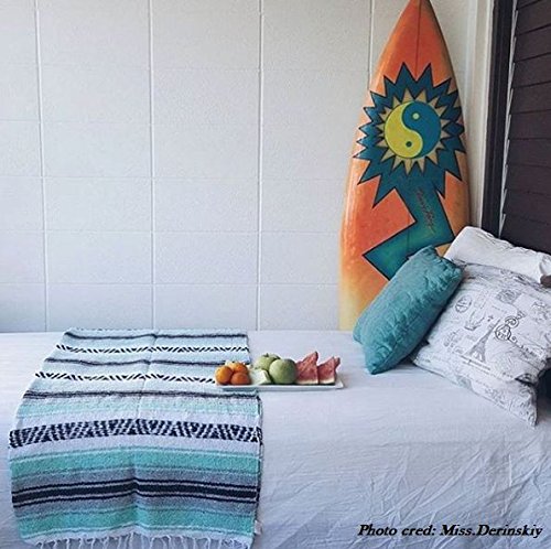 Del Mex Classic Mexican Blanket, Large Authentic Woven Falsa Throw (70"x50"), Artisan Southwest Décor for Beach, Yoga, Outdoors (Mint/Gray) - color: Mint/Gray