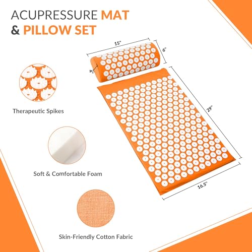 Fitvids Acupressure Mat and Pillow Set for Back/Neck Pain, Acupuncture Products to Relieve Muscle Fatigue, Improve Insomnia for Sedentary People, Acupuncture Eases Stress, Massage Mat, Orange - style: Orange