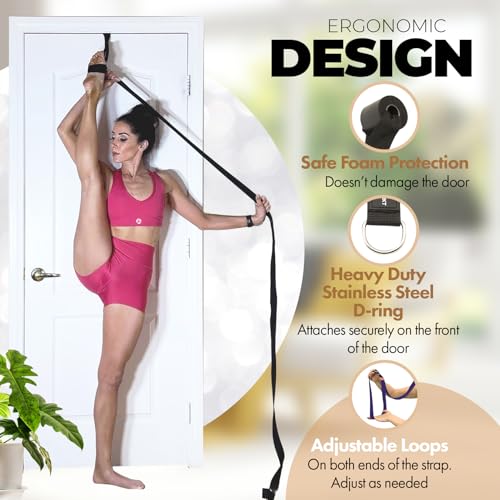 Pilates Stretching Strap with Door Anchor for Flexibility Training | Improve Leg Flexibility, Core Stability and Posture Alignment - Ideal for Pilates, Stretching, Mobility and Home Workouts - color: Black