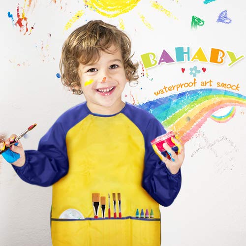 Kids Art Smocks 4 Pack Painting Apron Waterproof Artist Smock with Long Sleeve and 3 Pockets for Age 3-8 Years - color: Red+blue+ Yellow+pink