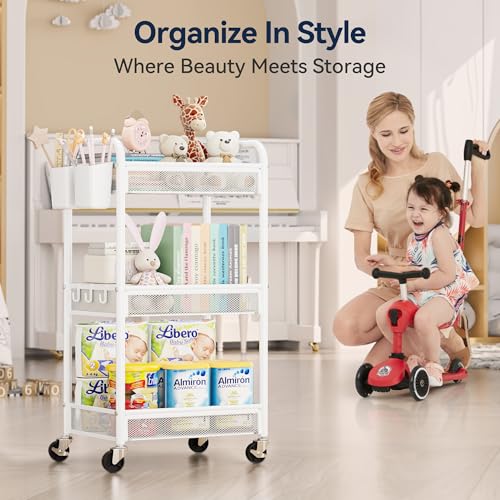 YASONIC 3 Tier Metal Rolling Cart, White Utility Storage Cart with Wheels - color: White, size: 3-tier
