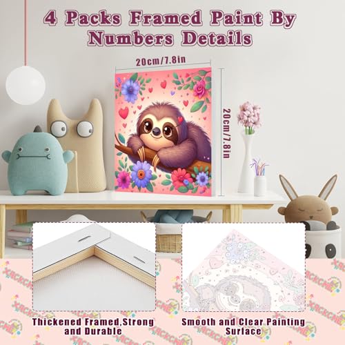 4 Pack Animal Paint by Number for Kids with Wooden Frame - Wooden Easel | Paint by Numbers for Kids Ages 4-8-12, Easy Sloth Fox Sea Turtle Horse DIY Oil Painting Kits for Home Wall Decor (8X8 inch) - color: BKH45+BKH222+BKH1180+BKH1210