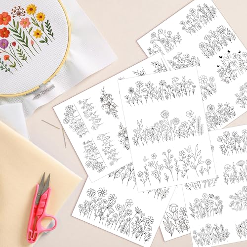 Water Soluble Stabilizer Embroidery Pattern - Flower Stick & Stitch Embroidery Paper Wash Away, Floral Frame Hand Sewing Embroider Patterns for Jean Bag T-Shirt (6 Sheets)