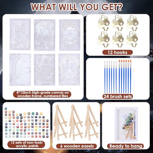 Honoson 6 Pcs Halloween DIY Paint by Number Kits for Adults | Framed Canvases with Easel, Ghost Skeleton Pumpkin Cat, Suitable for Beginner, Ideal for Haunted Wall Decor and Stress Relief - style: Halloween