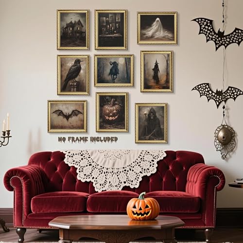 Halloween Posters Wall Art Set of 9, Dark Academia Headless Horseman Wall Decor, Gothic Moody Ghost Paintings, Spooky Witch Raven Canvas Prints Pictures for Living Room Bedroom 12x16 Inch Unframed - color: Dark Halloween, size: 16"L x 12"W