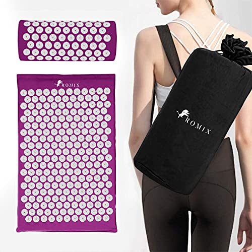 ROMIX Acupressure Mat And Pillow Set, Back Neck And Shoulder Pain Relief | Stress Reduction, Muscle Relaxation, Wellness Therapy, Carry Bag, For Men And Women, Home Use, Acupuncture Mat Set - color: Purple