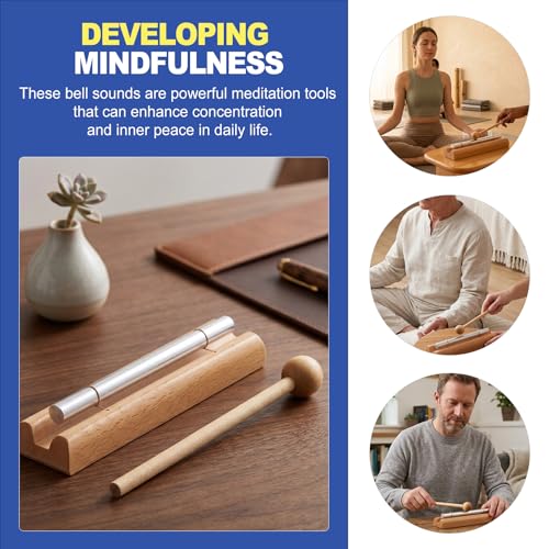 7" Solo Tone Meditation Chime, Mindfulness Bell & Sound Healing Instruments, Responsive Classroom Chime for Teachers Management, Wood Percussion Chimes for Yoga, Energy & Focus - Silver