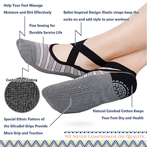 Ozaiic Pilates Socks for Women Non Slip Grip Yoga Barefoot Indoor Workout - color: 3 Pairs -Orange/Pink/Gray