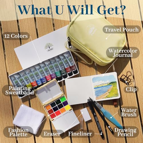 Funto Travel Watercolor Paint Set, Oversized Rectangular 12-Grid Empty Pan & Ample Blending Space with 12 Refillable Tubes,Mini Watercolor Travel Set with Water Brush & Sketchbook, Crossbody Bag for Beginners, Plein Air & Gifts - color: Cookie Yellow