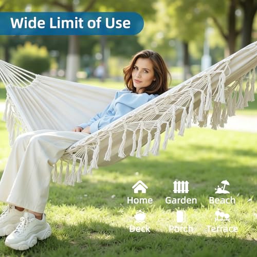 Brazilian Style Double Hammock with Fringe, 2 Person Patio Hammock for Backyard & Indoor Relaxation, Soft Breathable Fabric, Easy Setup with Straps & Carry Bag, 360 lbs Capacity - color: White