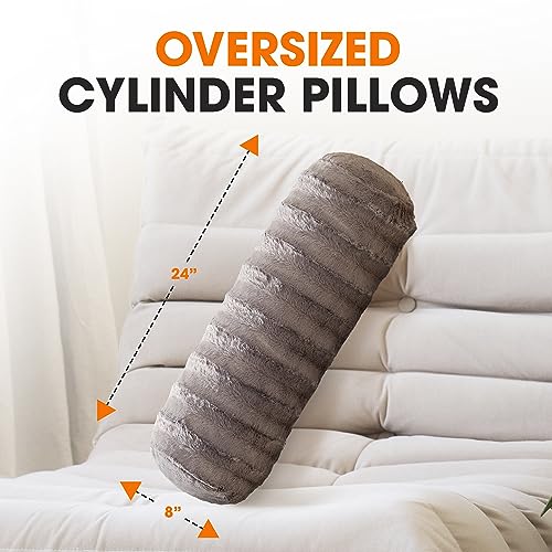 Cheer Collection Faux Fur Bolster Pillows – Soft Decorative Cylinder Pillows for Bed or Couch, Machine Washable – 8” x 24”, Set of 2, Gray - color: Gray