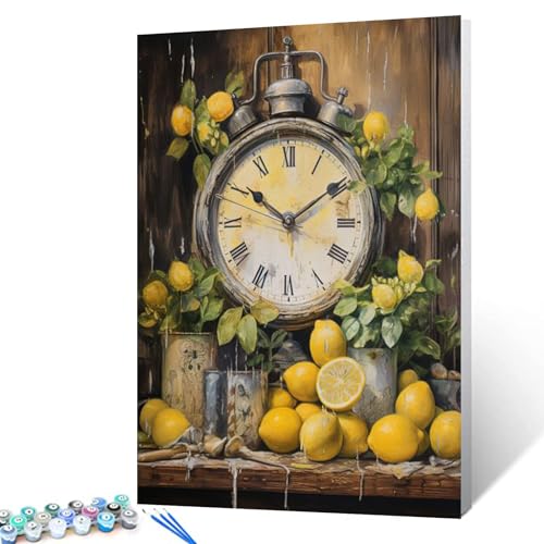 Farmhouse Kitchen Clock with Lemons Oil Painting Paint by Number Kits 16 x 20 inch Canvas Rustic Painting DIY Painting for Kids Students Adults Beginner with Brushes Acrylic Pigment(without Frame) - color: Garden 03, size: 16''x20''(Frameless)