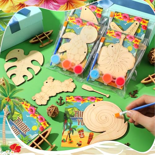 Saypacck 24 Pcs Hawaiian Party Favors Wooden Paint Craft Kits | Summer Tropical Party, Wooden DIY Painting Activity Sets with Organza Bags, Goodie Bag Fillers for Kids Guests - style: Hawaiian