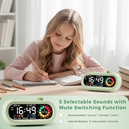 Mooking 3 in 1 Digital Alarm Clock for Bedroom with Visual Timer for Kids - color: Green