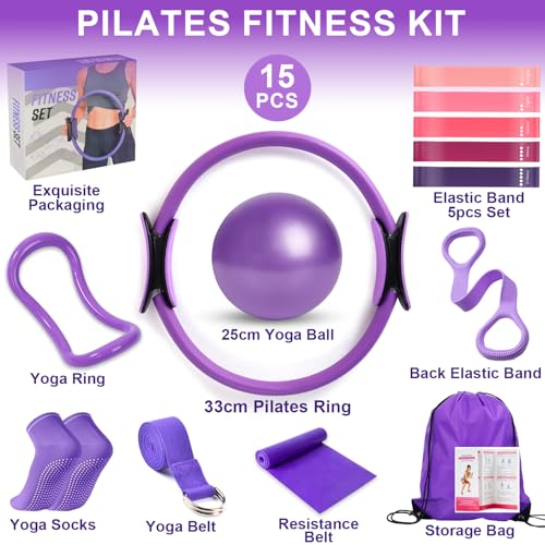 Pilates Ring Equipment Set, Home Pilates Kit for Women with 13’’ Magic Ring with Dual Padded Handles, Small Pilates Ball, 5 Resistance Bands & Complete Fitness Guide, Pilates Essential Accessories - color: 15pcs Purple