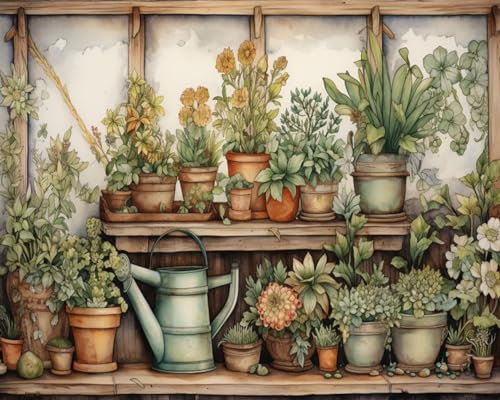 Vintage Wood Gardening Painting Paint by Number Rustic Garden Scenery with Plants DIY Painting on Canvas with Brushes Acrylic Paints Paint by Numbers for Adults and Beginner 16x20 Inch(DIY Frame) - color: Garden 04, size: 16''x20''(DIY Frame)