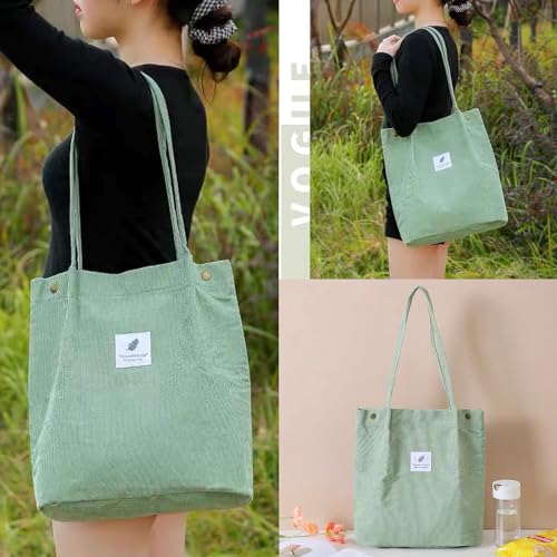 Aphoraeny Corduroy Tote Bag for Women Cute Totes Shoulder Bag with Inner Pocket for Work Beach Shopping Travel Grocery - color: Pea Green