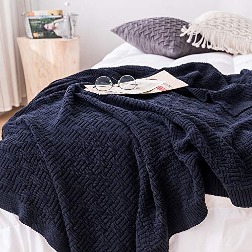 Longhui bedding Large 100% Cotton Navy Blue Cable Knit Throw Blanket for Couch Sofa Bed with Bonus Laundering Bag – 60 x 80 Inches, 3.4 LB, Dark Navy, Machine Washable - color: Navy Blue, Stripe Pattern, size: 60"x80"