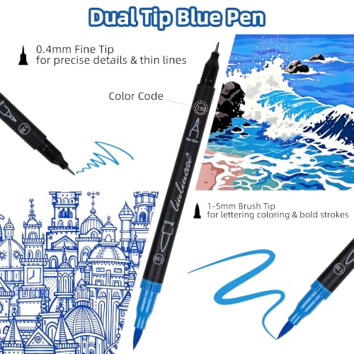 LIULIUCAI 10 Blue Dual Markers, Fine & Brush Tip Pen for Adult Coloring | Ocean Blue Markers, Coloring Pens for Sky Sea, Water Effects, Calming Art, Outlining Journaling Calligraphy Illustration - color: 10 Blue