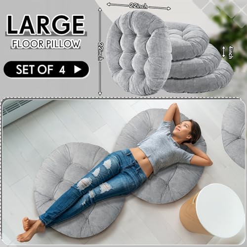 Jerify Light Grey 4 Pcs Large Floor Pillow Cushion,Round 22 x 22 | Round Square Flexible Seating Floor Meditation Pillow for Classroom Adult Picnic Party Learning Daycare School Reading Corner - color: Light Gray, size: Round 22 x 22
