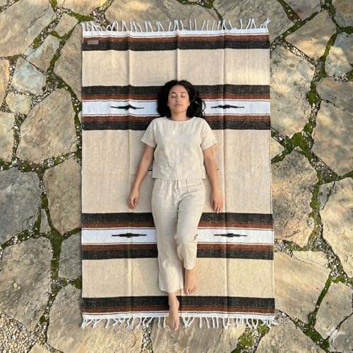 Open Road Goods Mexican Diamond Blanket - XL Heavyweight Yoga Blanket – Handmade in Mexico - Thick Boho Serape Saltillo Style Throw for Beach, Picnic, Home, Camping and More! (Sand & Stone) - color: Sand & Stone