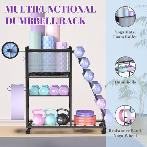 Mythinglogic Dumbbell Rack with Yoga Mat Holder and Wheels for Home Gym