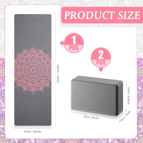 Tinideya 3 Pcs Yoga Mat and Blocks Set 6mm Non Slip Strap - color: Dusty Blue