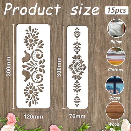 INFUNLY 15Pcs Floral Lace Painting Stencil for Wall Reusable Wall Stencils Mexican Art Flowers Walls Template for Painting Corner Border Templates for Crafts Cement Wood Furniture Canvas Home Decor - style: 15PCS Floral Lace