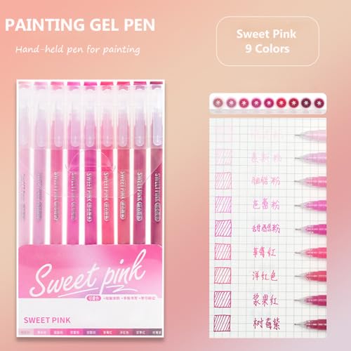 Gel Pens with 0.6mm Fine Point, 9 Colors Acrylic Drawing Gel Pen | Smooth Writing Pen Set for Journaling, Sweet Pink, Drawing Pencils for Adult Coloring Books - color: Sweet Pink