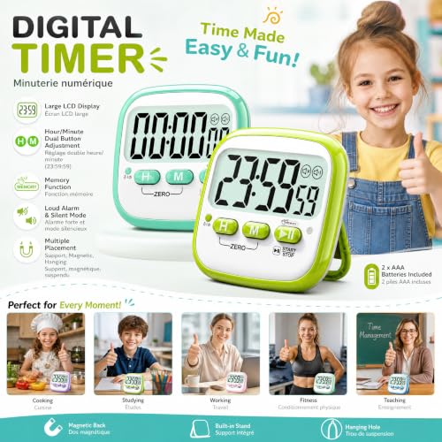 Antonki 2 Pack Classroom Timers for Kids Teachers, Magnetic Countdown Digital Kitchen Timer for Cooking, Study, Exercise, Games, Time Mangement - Loud/Silent Mode - Battery Included - color: 2* Macaron Color ( 97%+ Choice for Kids )