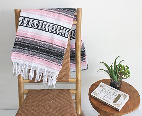 Del Mex Classic Mexican Blanket, Large Authentic Woven Falsa Throw (70"x50"), Artisan Southwest Décor for Beach, Yoga, Outdoors (Pink) - color: Pink