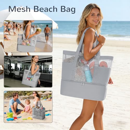 Mesh Tote Beach Bag with Leakproof Wet Compartment - color: Grey