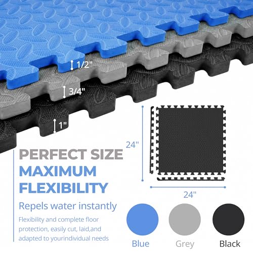 HulkFit Puzzle Exercise Mat, 3/4 Inch EVA Interlocking Foam Gym Flooring for Home Gym, Garage, Apartments, High-Density Shock-Absorbing Floor Tiles for Workout Equipment, MMA, Gymnastics, 24 Tiles - color: Black