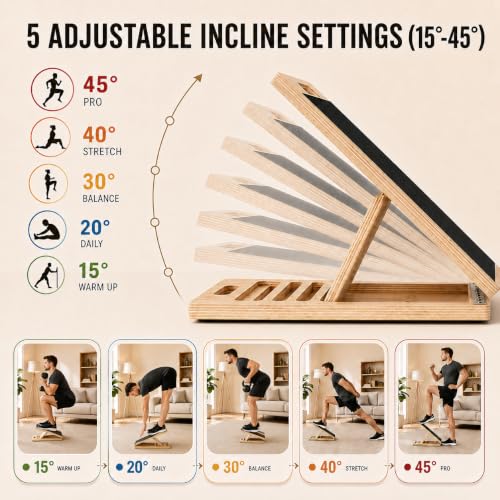 Premium Wooden Slant Board, Adjustable Calf Stretcher & Squat Wedge with 5 Incline Angles, Anti-Slip Surface, Supports 550 lbs, Plantar Fasciitis Relief Tool for Home Gym & Office