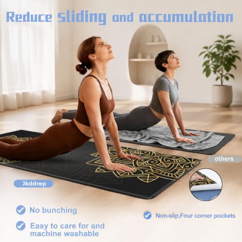 Yoga Mat Towel, Hot Yoga Non Slip with 4 Corner Pockets, 74 x 26 in | Soft Absorbent Microfiber With Four Corner Pockets, Fits Over Yoga Mats For Hot Yoga, Pilates, Gym, And Travel - color: Gold Flower-02, size: Large