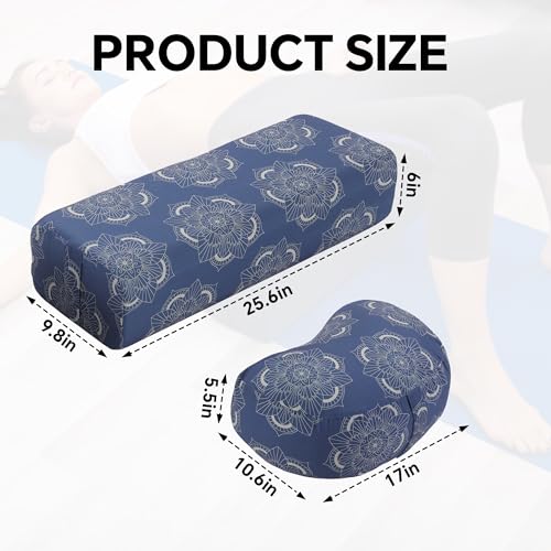 MABOZOO 2-Piece Yoga Bolster Pillow, Rectangular & Crescent Meditation Cushions with Removable Cover for Restorative Yoga, Meditation Accessories for Sitting on Floor - color: Blue Pattern