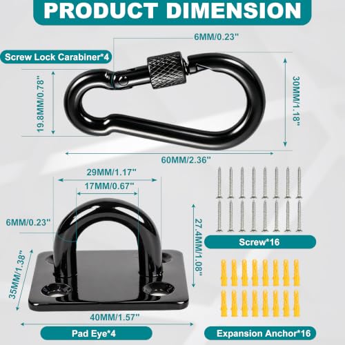 304 Stainless Steel Pad Eye Snap Hooks, 800LBS Heavy Duty Ceiling Hook, M6 | Black Hanging Kit with Locking Carabiner, Pad Plate Hooks for Hammock, Chair Swing, Plant,Sun Shade Sail, Marine Boat, Yoga - color: Black Square, size: M6