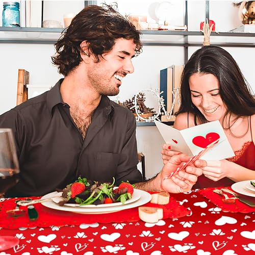 Litmitfu 2 Pack Valentines Tablecloth - Red Heart Valentines Table Cloth, Plastic Disposable Rectangle Valentine Table Cover for Valentine's Tables Decorations and Party Decor, 108 x 54 Inch - color: Red