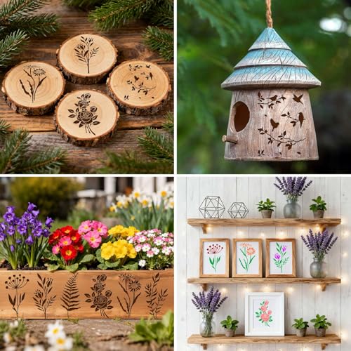 Eageus 8 Pcs Metal Stencils Wood Burning Stencil Lettering Stencils for Painting, Reusable Sunflower Flower Template for Wood Carving Drawing Engraving Journal Craft(Plant Style) - style: Plant Style