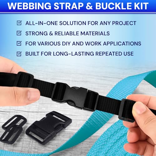 TECEUM 3/4" Nylon Strap Kit with Buckles, Black 6 yards Repair Set | Heavy duty hardware kit: 6yd webbing, 6 quick release buckles, 12 tri-glide slide clips, 6 metal D-rings for crafting. - color: Black, size: 3/4" - 6 yards, style: 6 Buckle - 12 Slides -