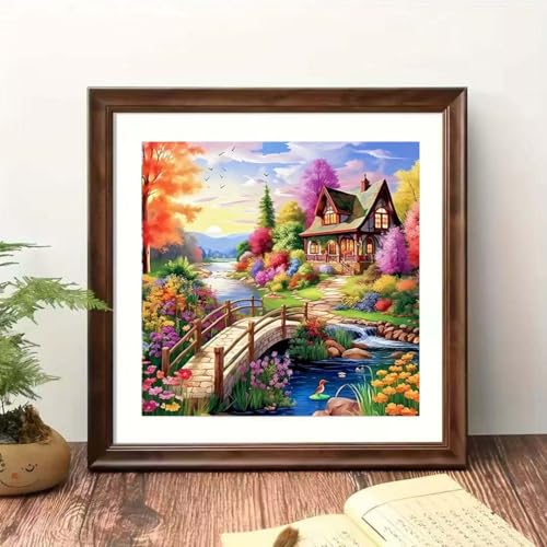 House Diamond Art Painting Kits for Adults,Stream Landscape 5D Round Full Drill Diamond Art Kits for Adults,DIY Flower Diamond Dot Painting Gem Art Kits for Adult,Home Wall Decor 13.79 X 13.79Inch - color: YP029