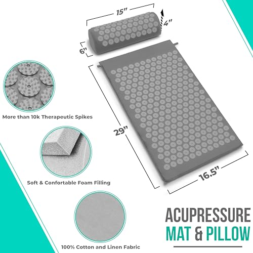 Sivan Acupressure Mat & Pillow Set for Back & Neck (Large, Gray/Gray) - color: Gray/Gray, size: Large