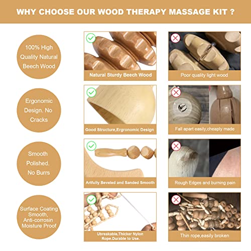 Wood Therapy Massage Tools Maderoterapia Kit Body Sculpting Tools for Lymphatic Drainage and Anti-Cellulite .Wood Massager Roller Rpoe for Back and Muscle Pain Relief (Medium)