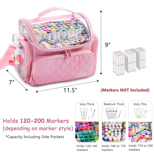 Large Marker Organizer Case Holds 150-200 Markers | Art Marker Storage Bag with Removable Dividers & Clear Top for Artists, Crafters & Travel - Pen, Pencil Alcohol Marker Holder - Art Supply - color: Pink, size: Medium for 150-200 Markers