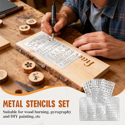 7PCS Metal Stencils Set,Stainless Steel Letter Number Stencils for Engraving, Wood Burning- Reusable Alphabet & Symbol Templates for Journaling, Scrapbooking, DIY Drawing Crafts Durable & Clear Lines - size: 7PCS Letter Number Stencils
