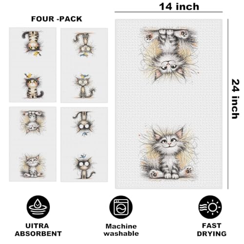 Jztco 4 Pcs Cute Cat Kitchen Towels, Funny Bird Cats Gifts Hand Tea Towel | Cats Absorbent Dish Cloths for Drying Dishes, Waffle Dish Towels for Kitchen Bathroom Decor, Cat Lover Gifts for Women Mom - color: Multi 1563
