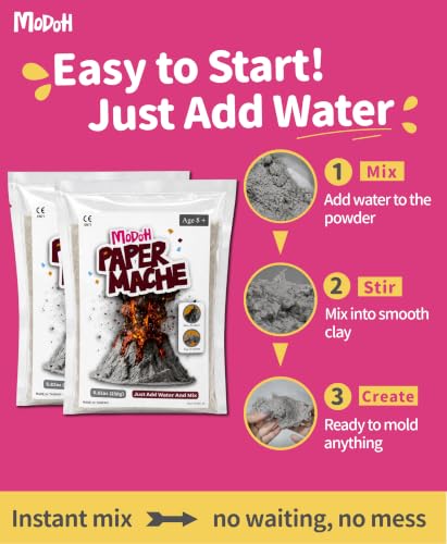 Modoh Paper Mache Clay, Just Add Water – 2 Pack (500g Total), Easy Sculpting Paper Mache Powder for Volcano Projects, School Crafts, DIY Sculpture, Fast Drying, Paintable, Non-Toxic Craft Material - color: Gray
