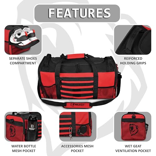 Beast Power Gear Gym Duffle Bag- Workout, Boxing, MMA, Sports Bag with Shoes Compartment and Adjustable Shoulder Strap for Men and Women (Red) - color: Red